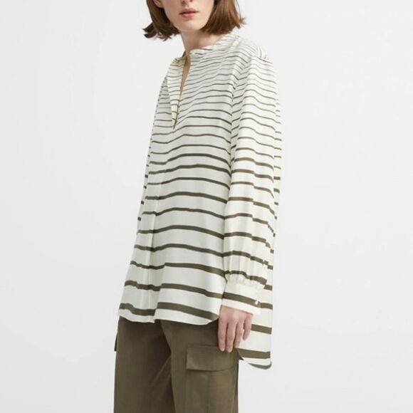 THEORY Popover Ivory/Olive Green Painted Stripe Silk Tunic Blouse Size Small - Picture 2 of 11